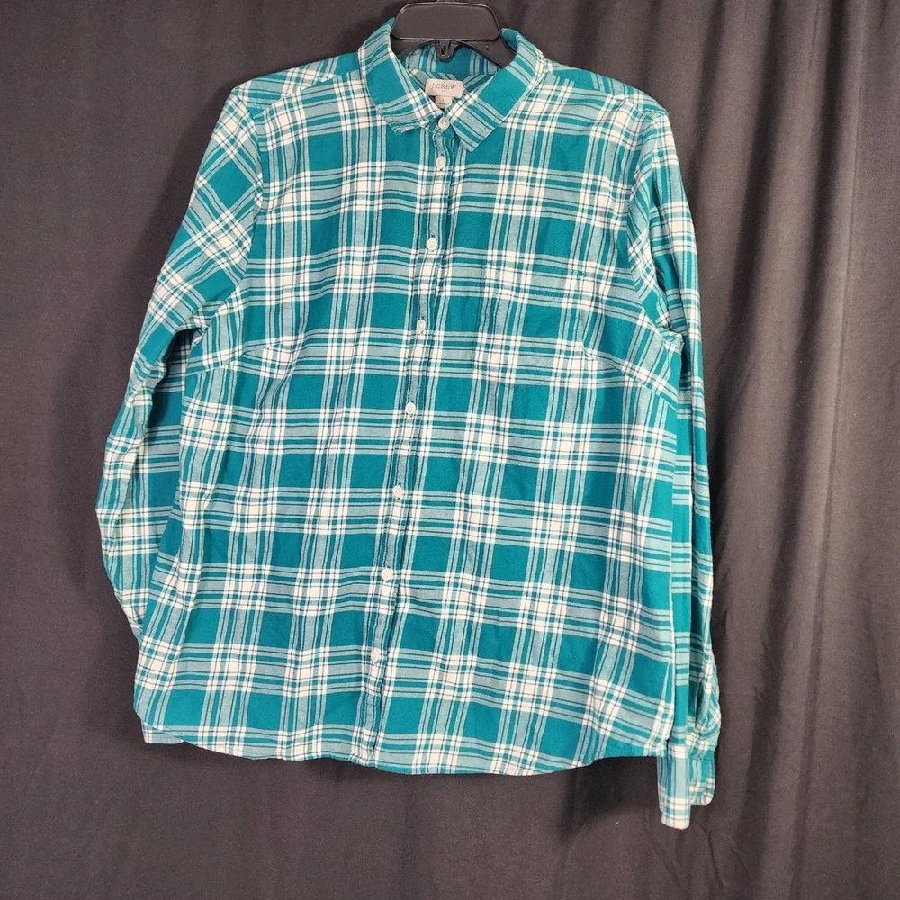 J Crew Mens Long Sleeve Plaid Button Down‎ Shirt Teal White Size L